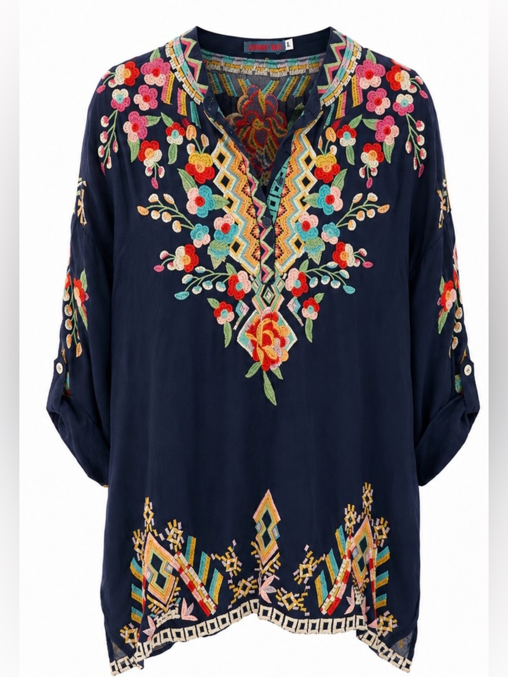 Johnny Was Embroidered Tunic Top Navy Boho Artwear Floral Festival Womens M